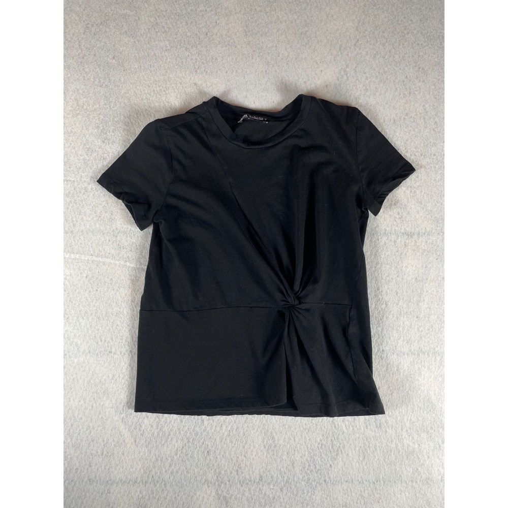 Zara Womens Black Front Knot‎ Twist Short Sleeve Crew Neck T-Shirt Size Small